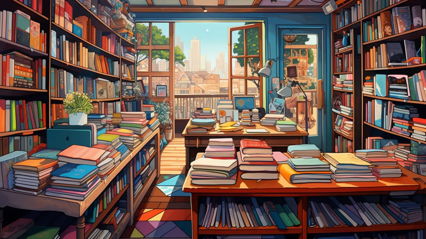 Illustration of bookshelves inside a bookstore. The Bookstore is selling books on consignment.