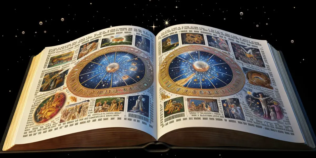 A book about Saturn. In the background of the book is the space.