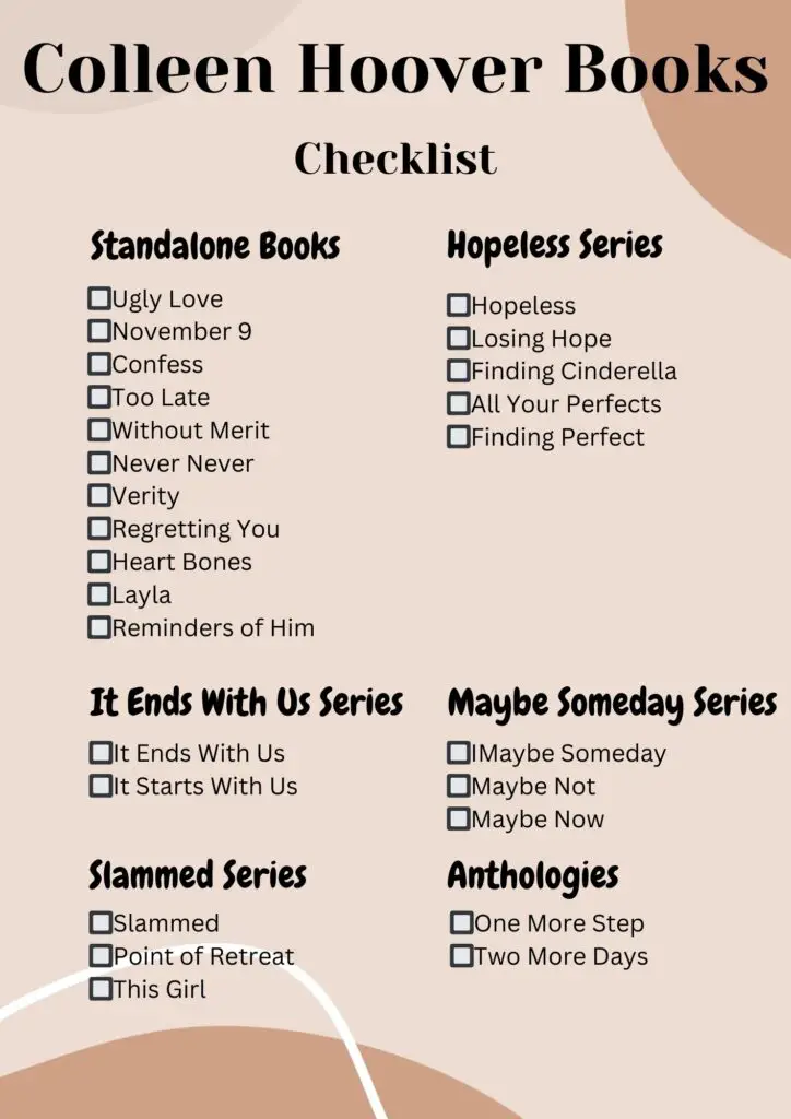 A Checklist of all books by Colleen Hoover.